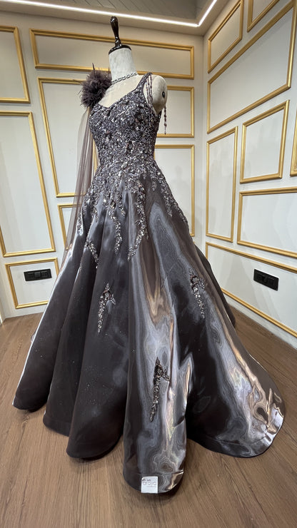 Espresso brown ball gown with sequins & crystal in liquid organza