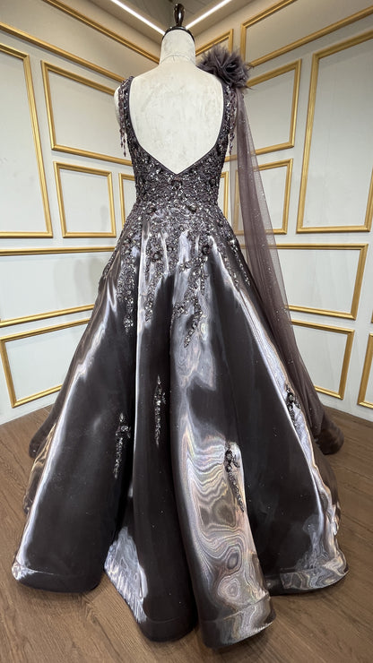 Espresso brown ball gown with sequins & crystal in liquid organza