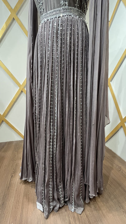 Thread & crystal work on dusty mauve dress in chinon