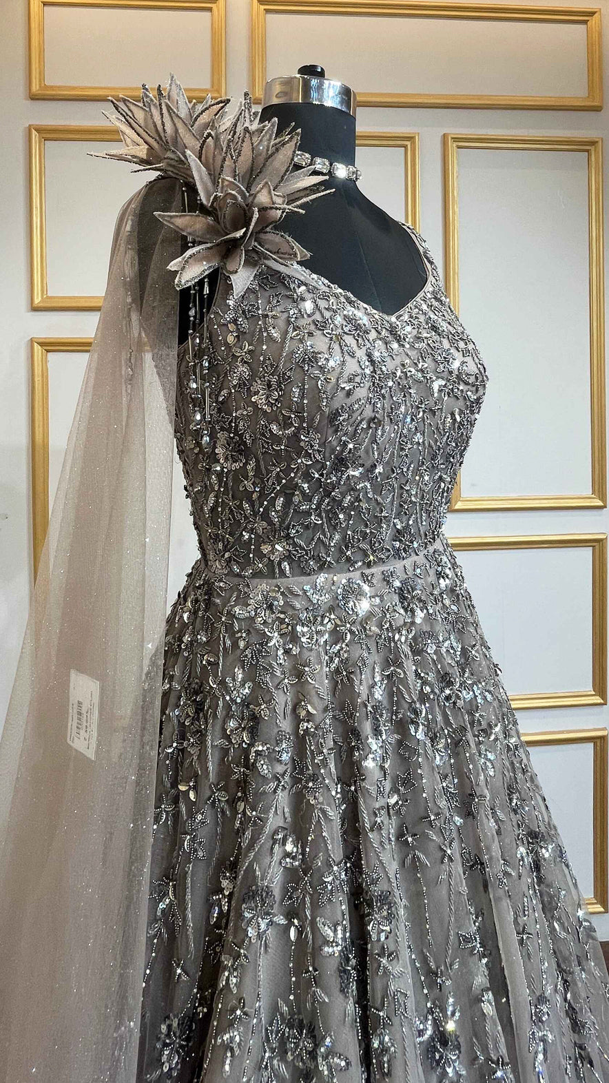 Mocha brown engagement gown with heavy crystal & sequins work all over in net