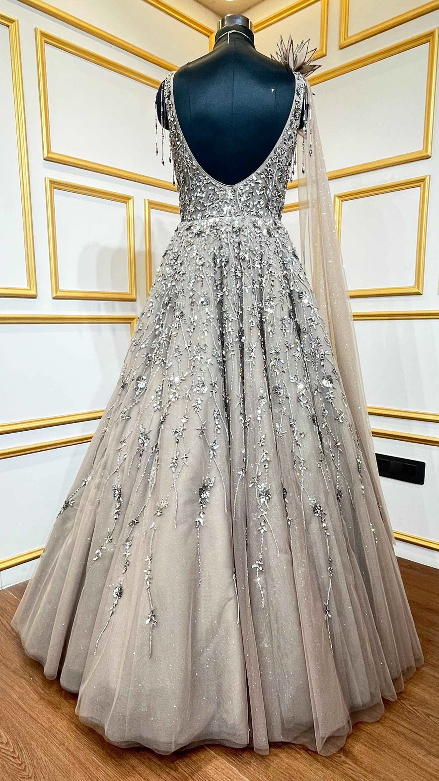Mocha brown engagement gown with heavy crystal & sequins work all over in net