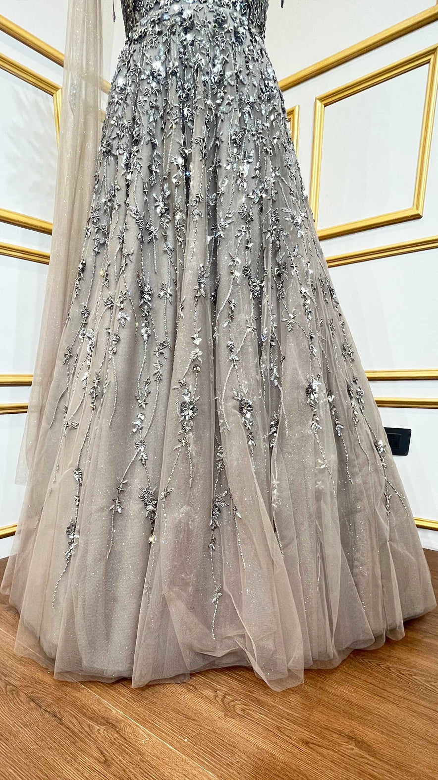 Mocha brown engagement gown with heavy crystal & sequins work all over in net