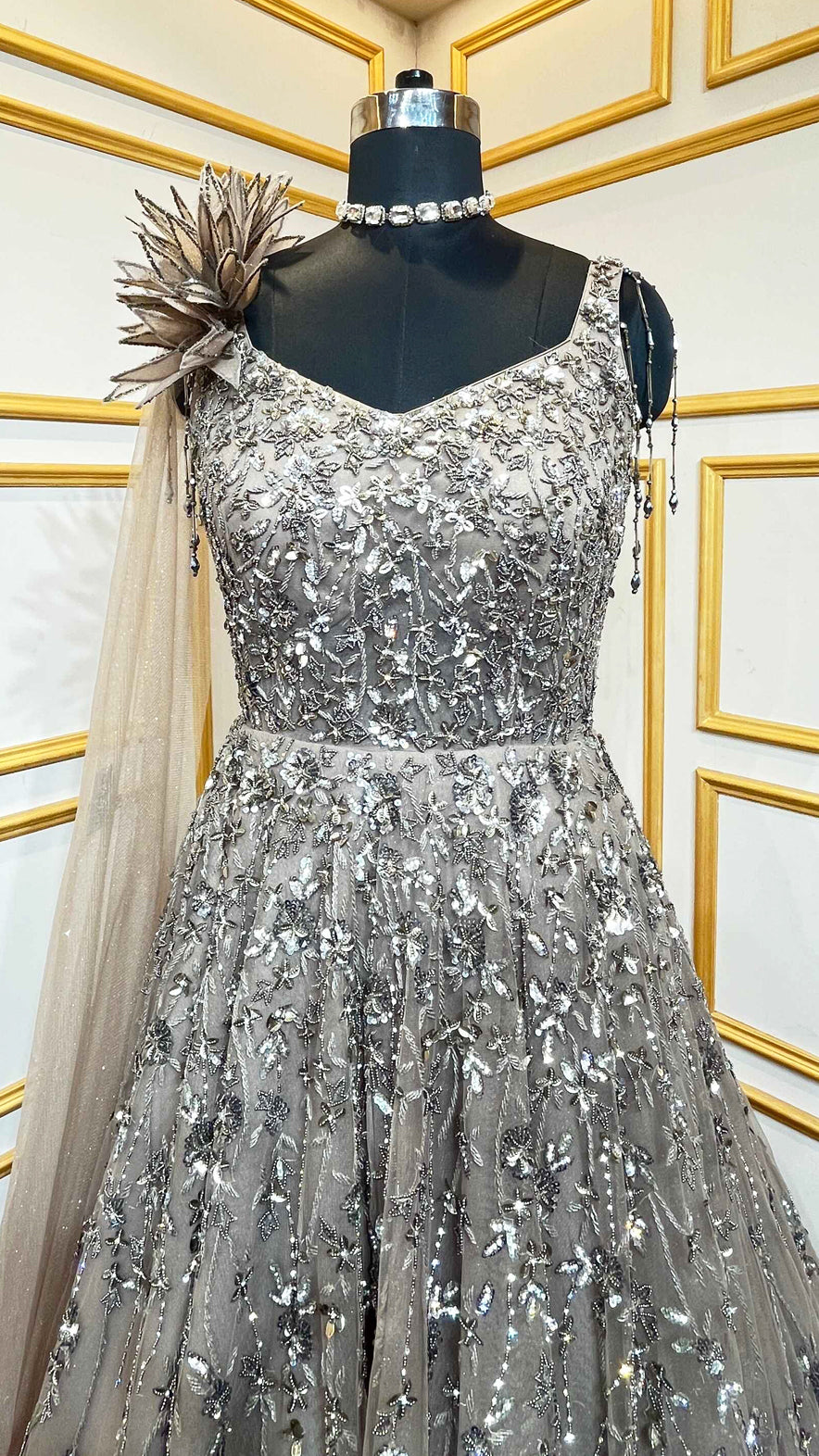 Mocha brown engagement gown with heavy crystal & sequins work all over in net
