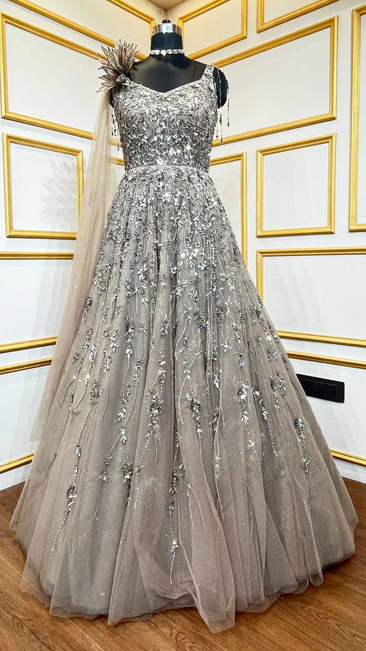 Mocha brown engagement gown with heavy crystal & sequins work all over in net