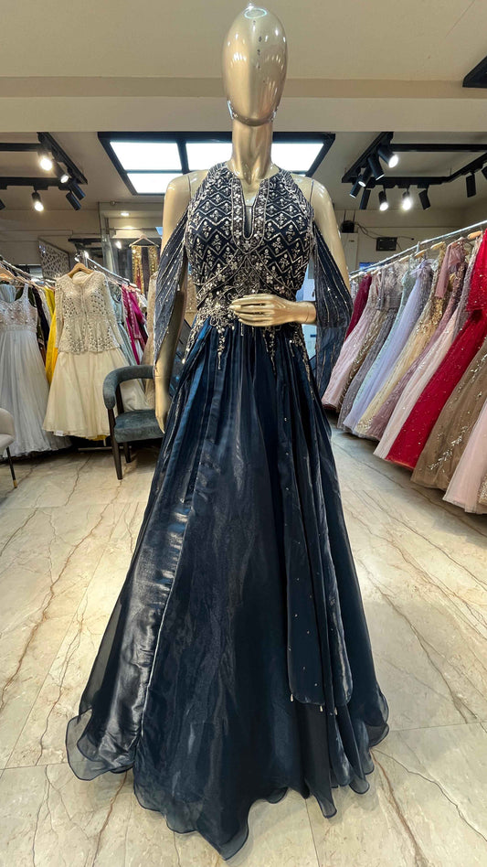 Peacock blue organza dress with pearl & mirror work
