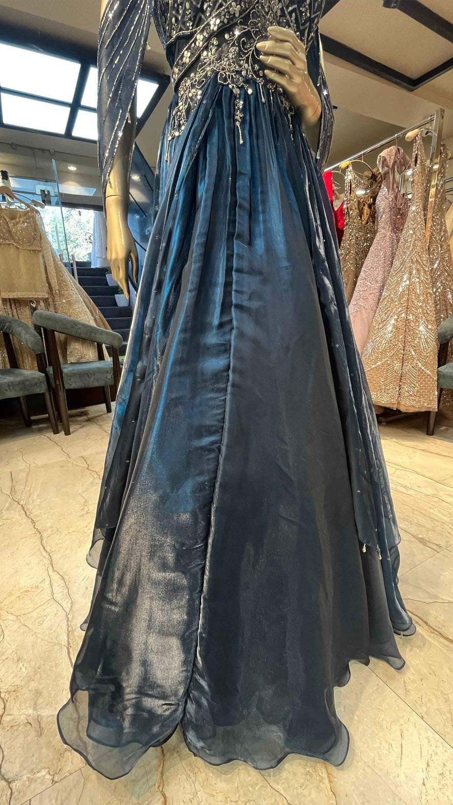 Peacock blue organza dress with pearl & mirror work