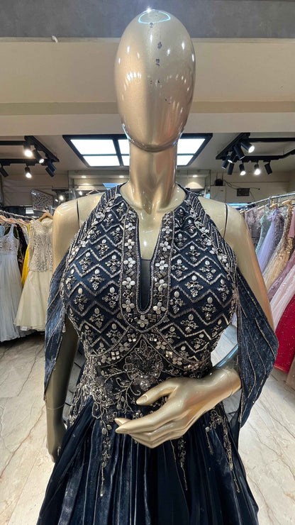 Peacock blue organza dress with pearl & mirror work