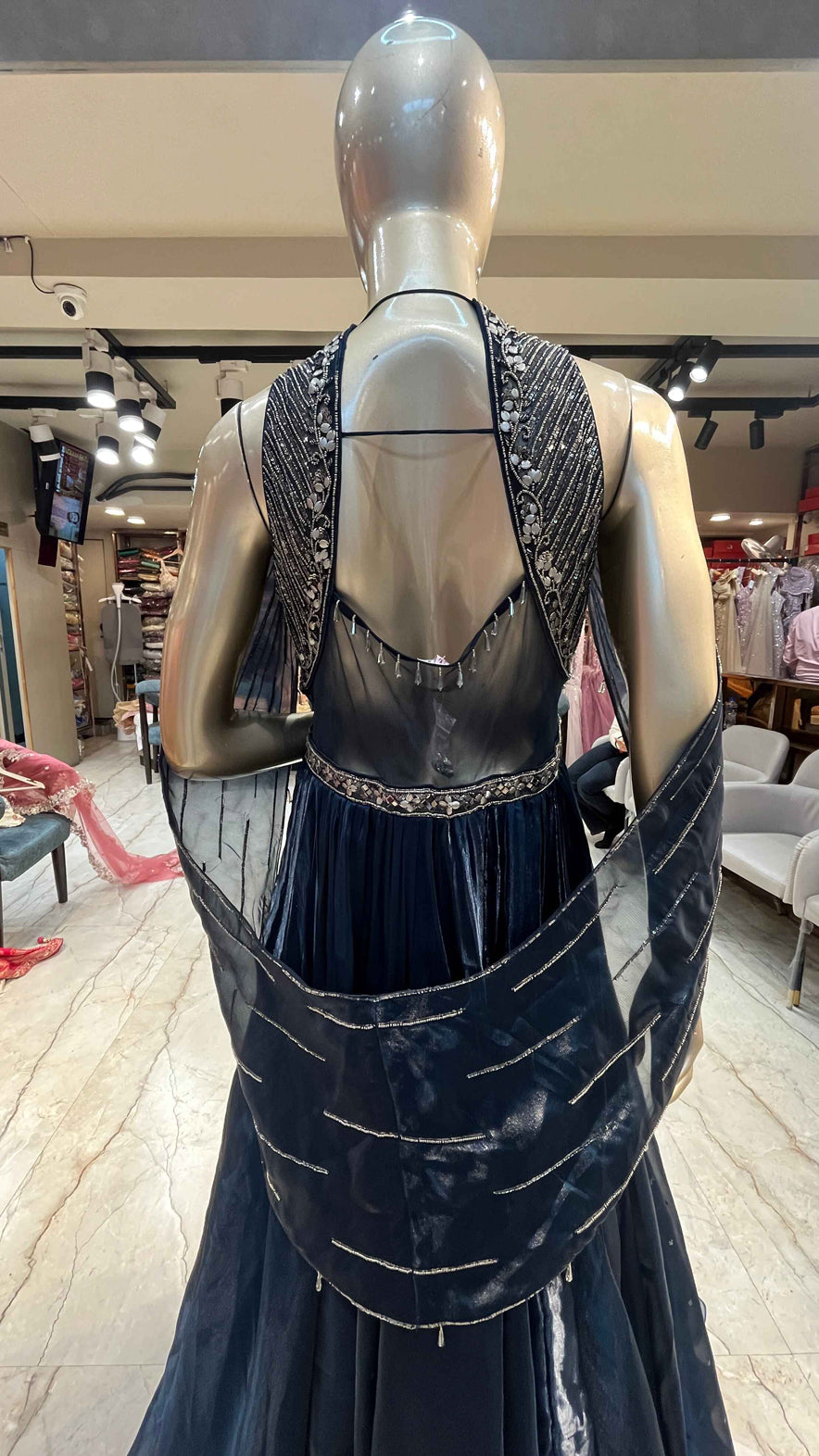 Peacock blue organza dress with pearl & mirror work