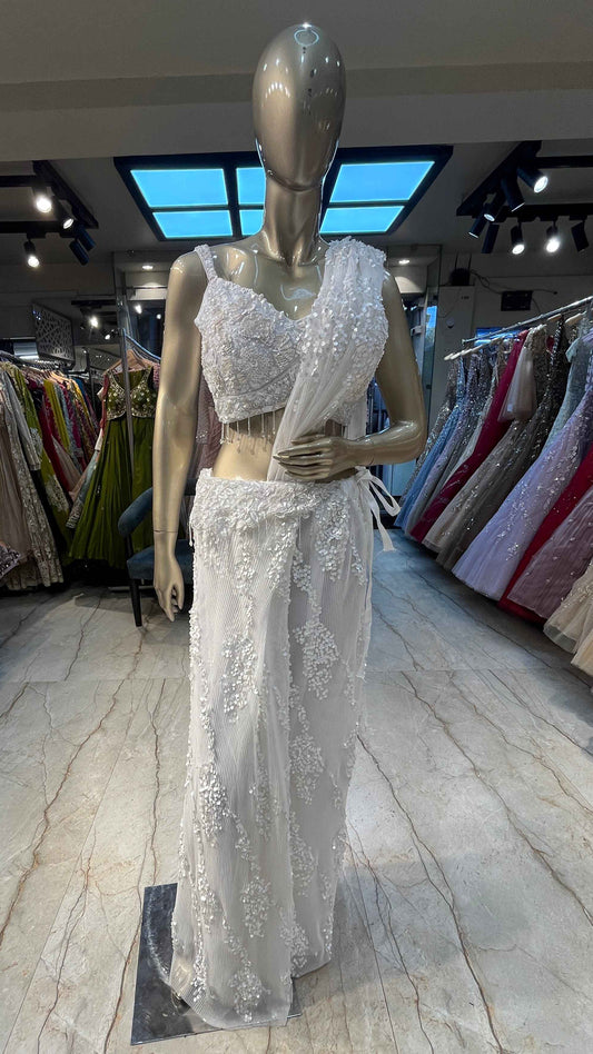 Pearl white pre draped saree with sequins & pearl work on imported fabric