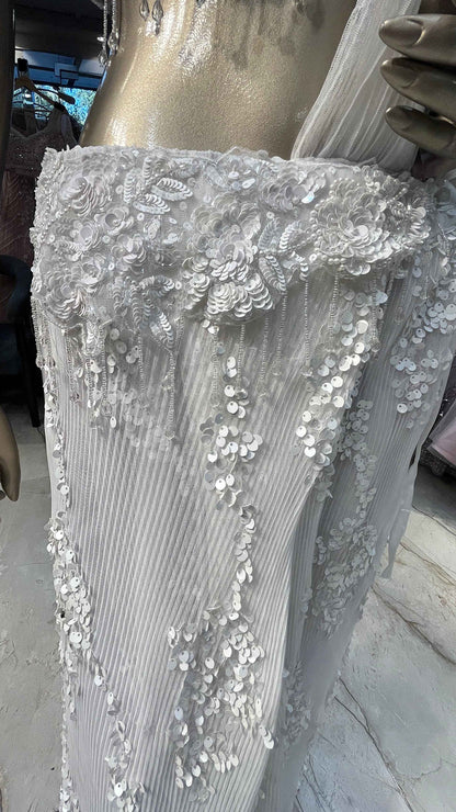 Pearl white pre draped saree with sequins & pearl work on imported fabric