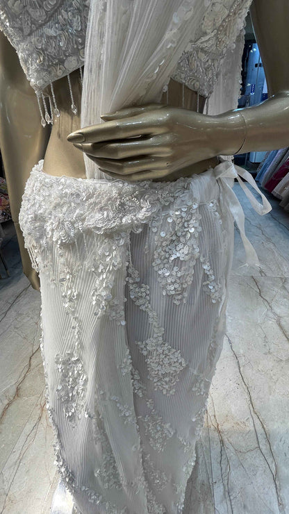 Pearl white pre draped saree with sequins & pearl work on imported fabric