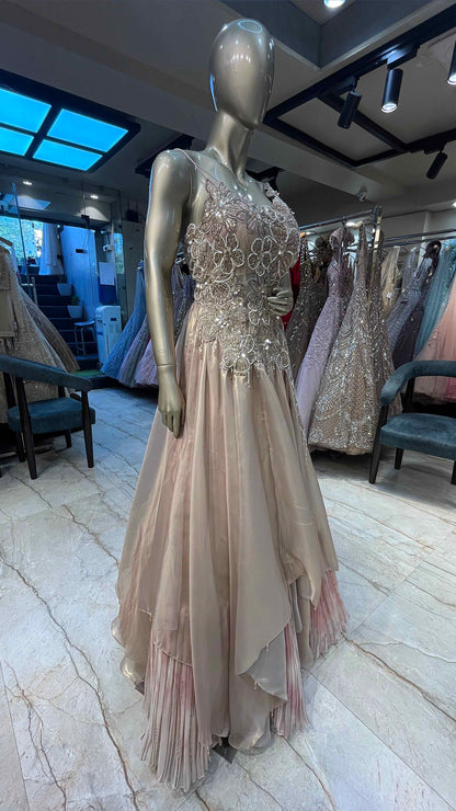 Patch & cut dana work on rose gold tissue dress