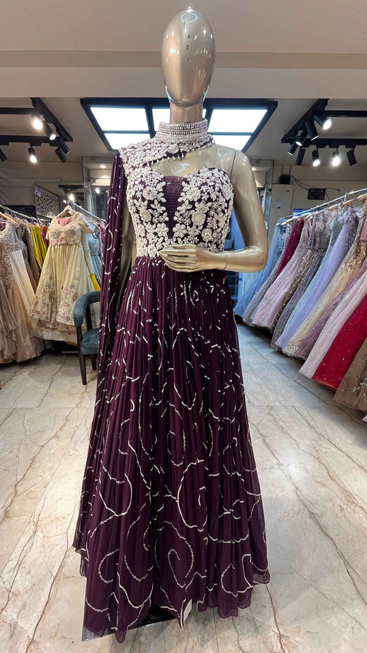 Georgette dress with tube & sequins work in wine