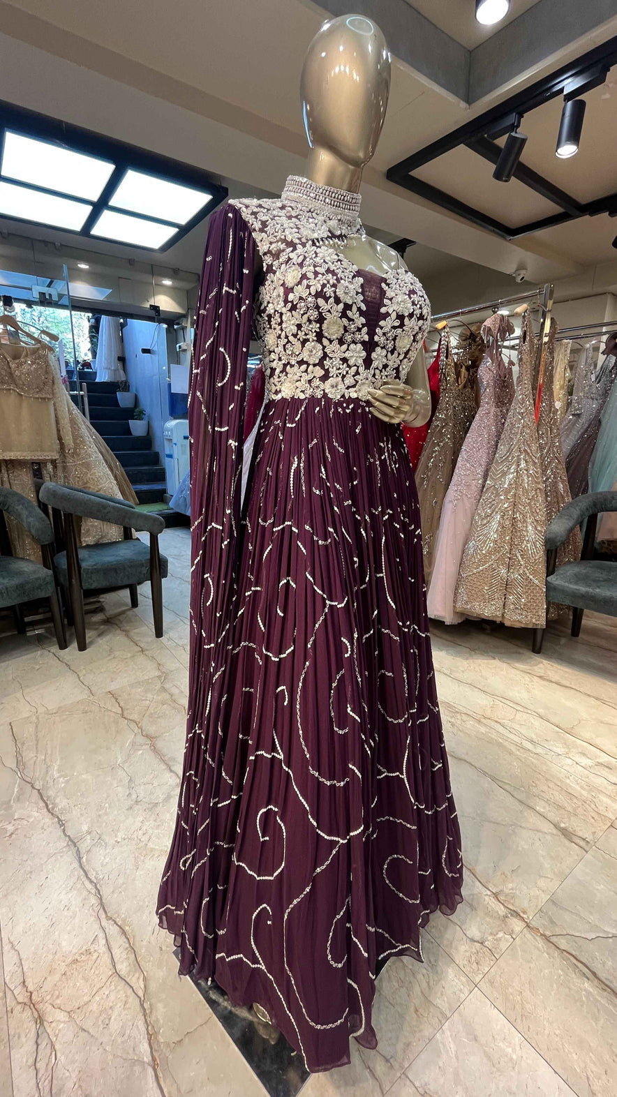 Georgette dress with tube & sequins work in wine