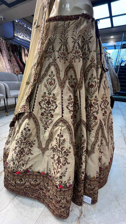 Raw silk lehenga with resham & zarkan work in dusty beige