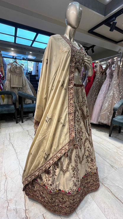 Raw silk lehenga with resham & zarkan work in dusty beige