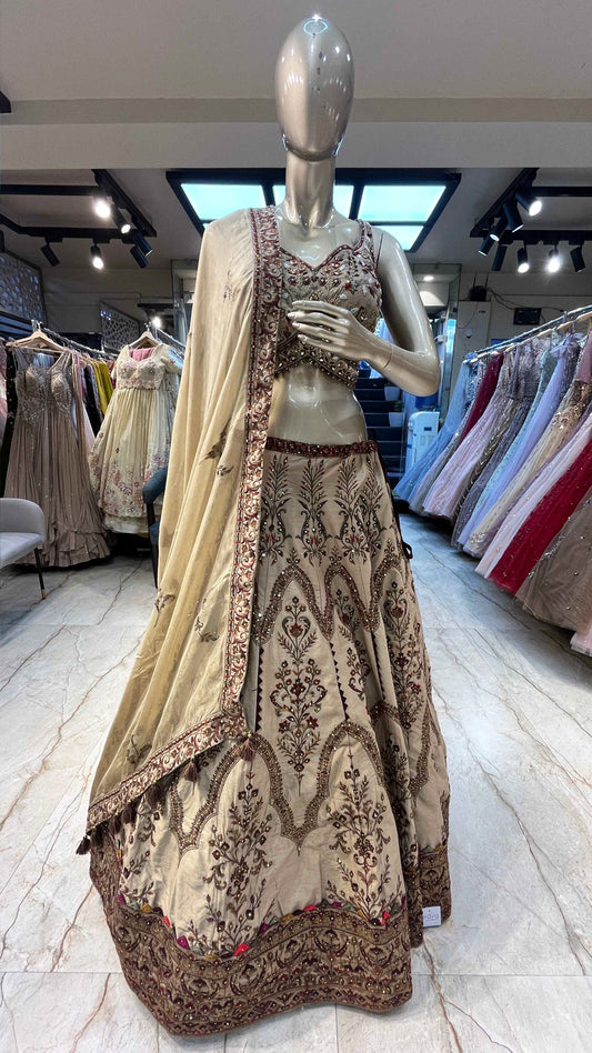Raw silk lehenga with resham & zarkan work in dusty beige