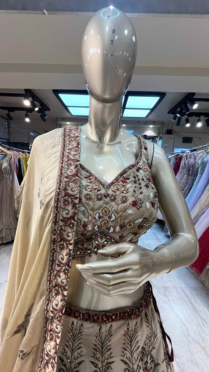 Raw silk lehenga with resham & zarkan work in dusty beige