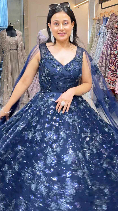 Sequins & tube work on net midnight blue engagement gown with falling sleeves