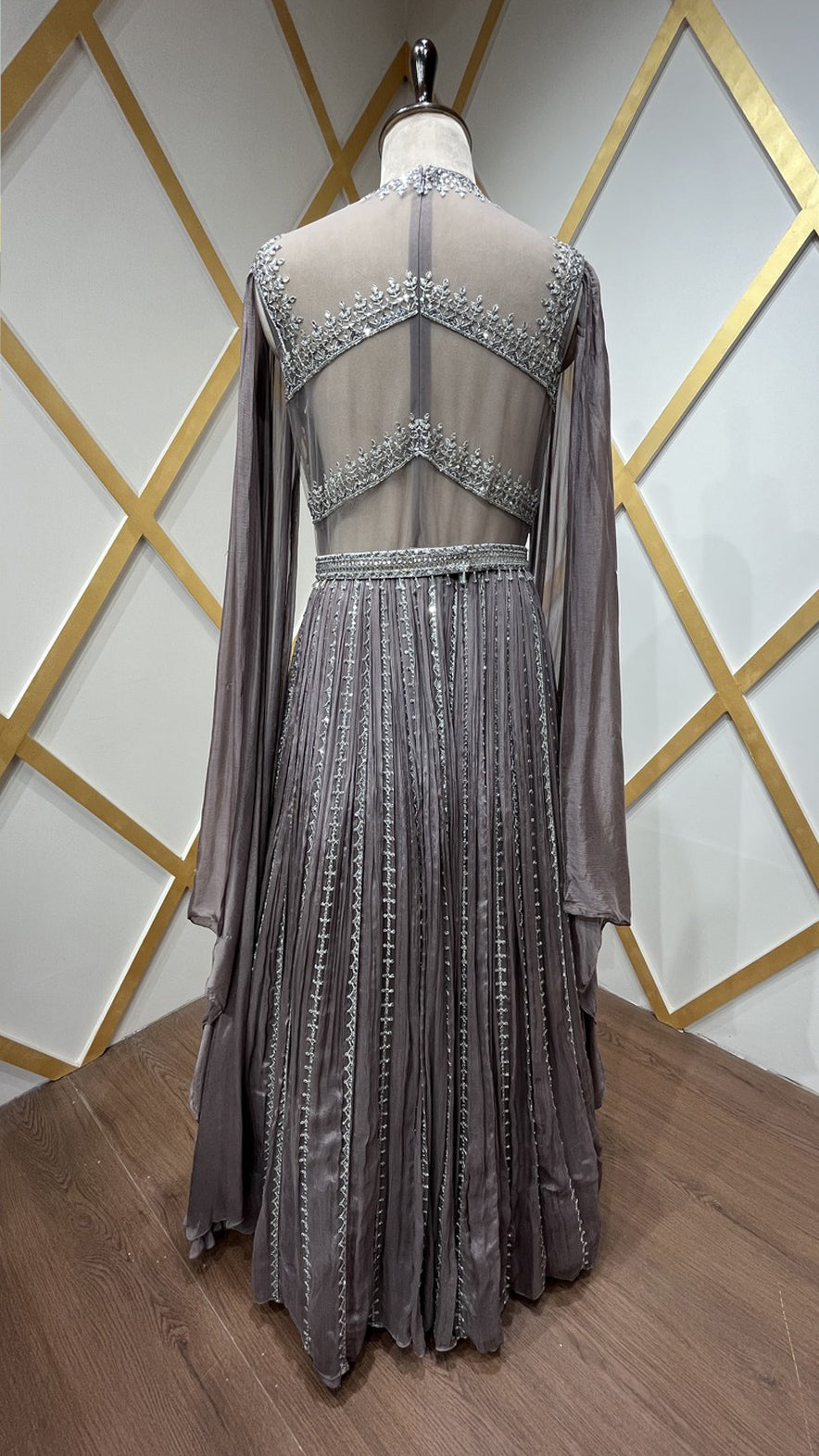 Thread & crystal work on dusty mauve dress in chinon