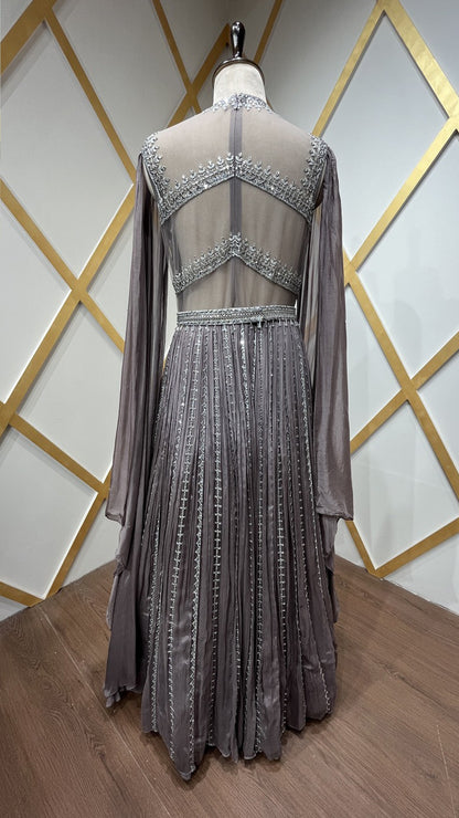 Thread & crystal work on dusty mauve dress in chinon
