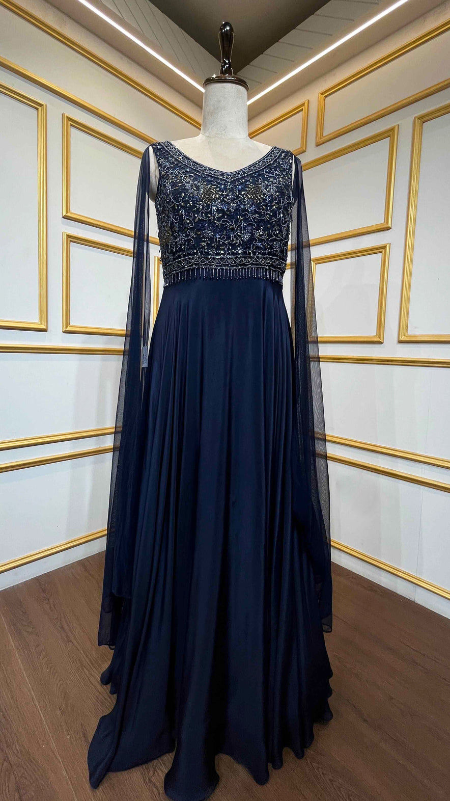 Denim blue dress with pearl & cut dana on chinon