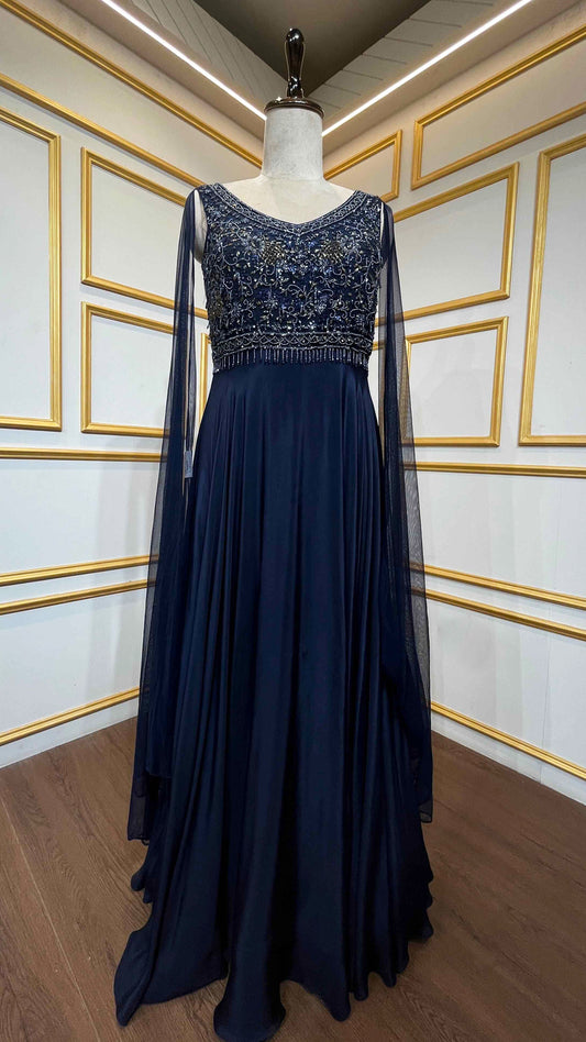 Denim blue dress with pearl & cut dana on chinon