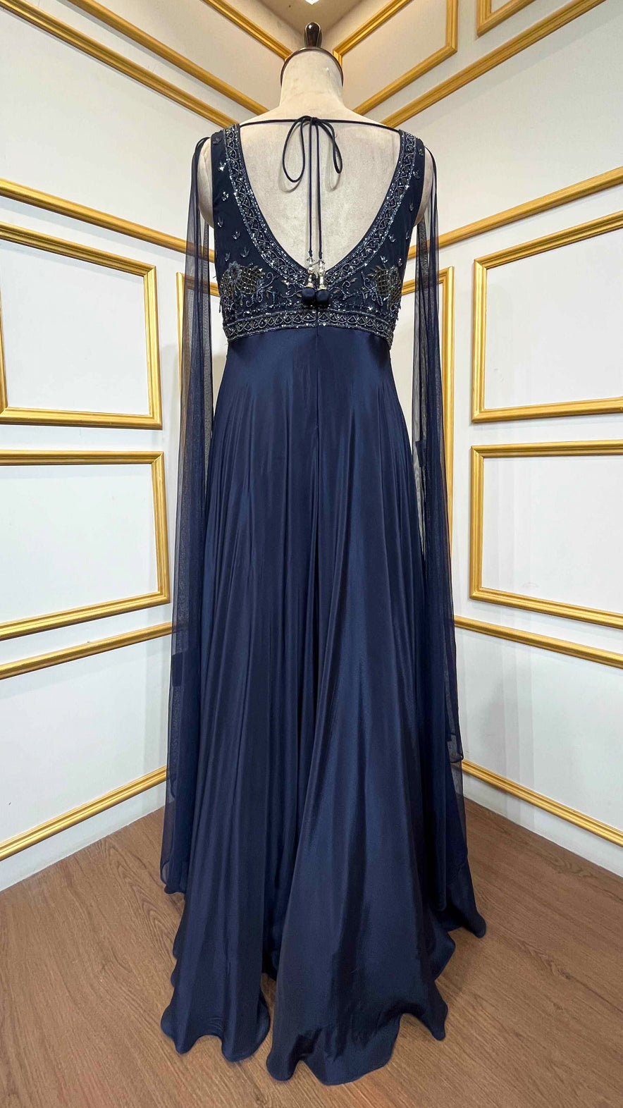 Denim blue dress with pearl & cut dana on chinon