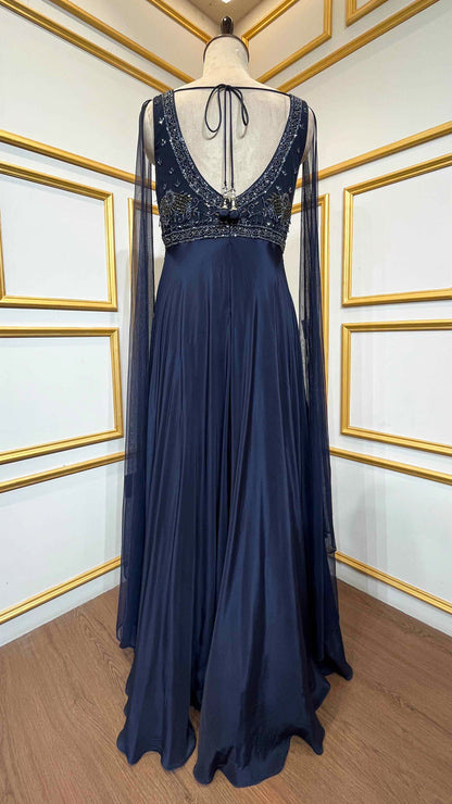 Denim blue dress with pearl & cut dana on chinon