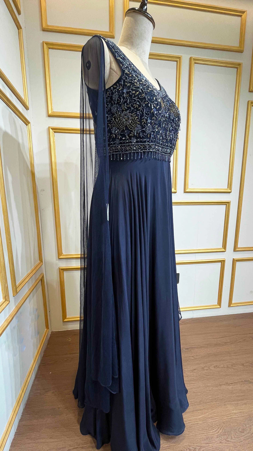 Denim blue dress with pearl & cut dana on chinon