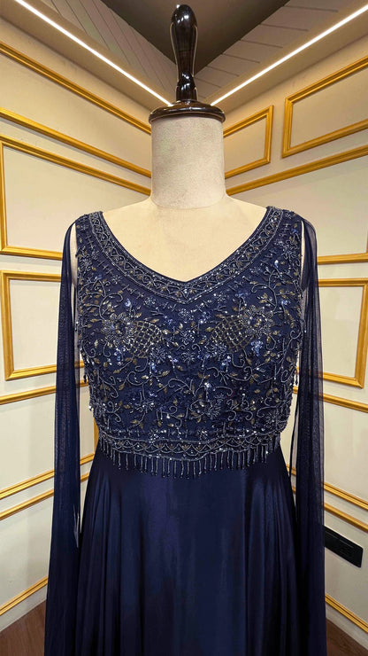 Denim blue dress with pearl & cut dana on chinon