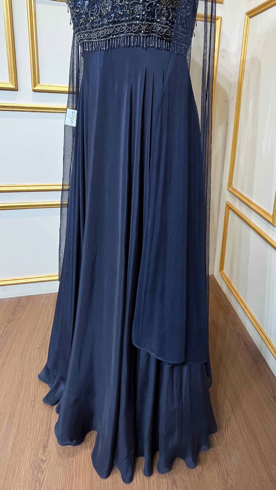Denim blue dress with pearl & cut dana on chinon