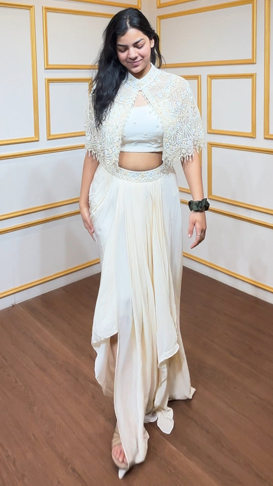 Ivory chinon crop top dhoti with cut dana & sequins work on net cape