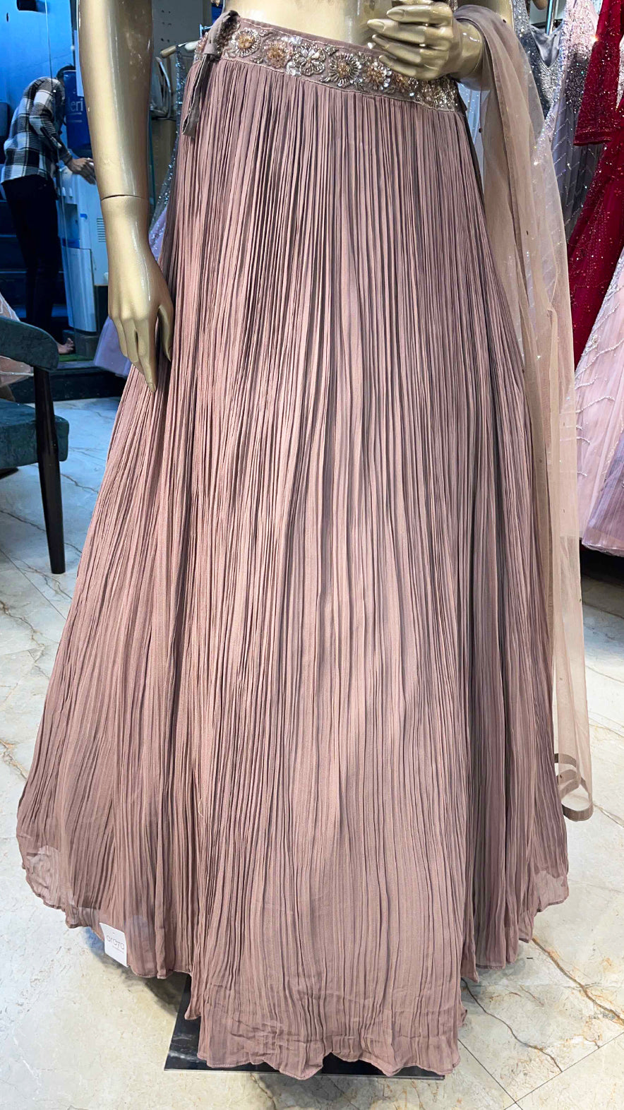 Crush Chinon lehenga with zarkan & pearl work on choli in rosy brown