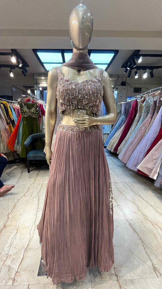 Crush Chinon lehenga with zarkan & pearl work on choli in rosy brown