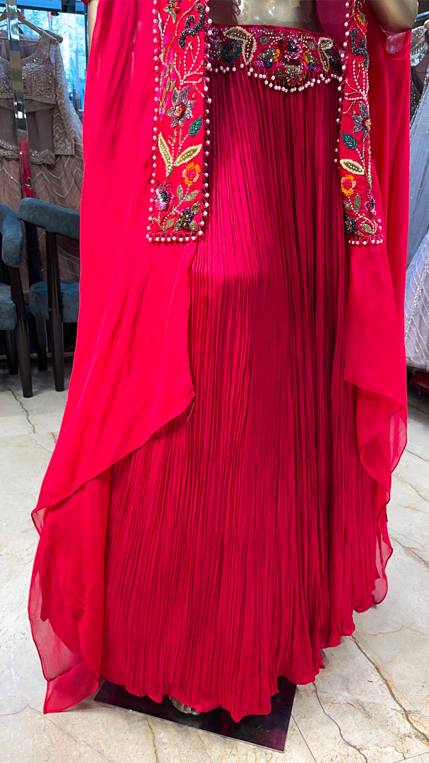Crush Chinon crop top skirt with pearl & sequins work on shrug in fuchsia pink