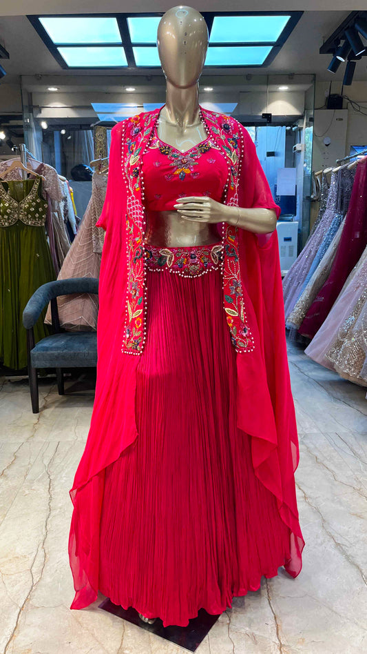Crush Chinon crop top skirt with pearl & sequins work on shrug in fuchsia pink