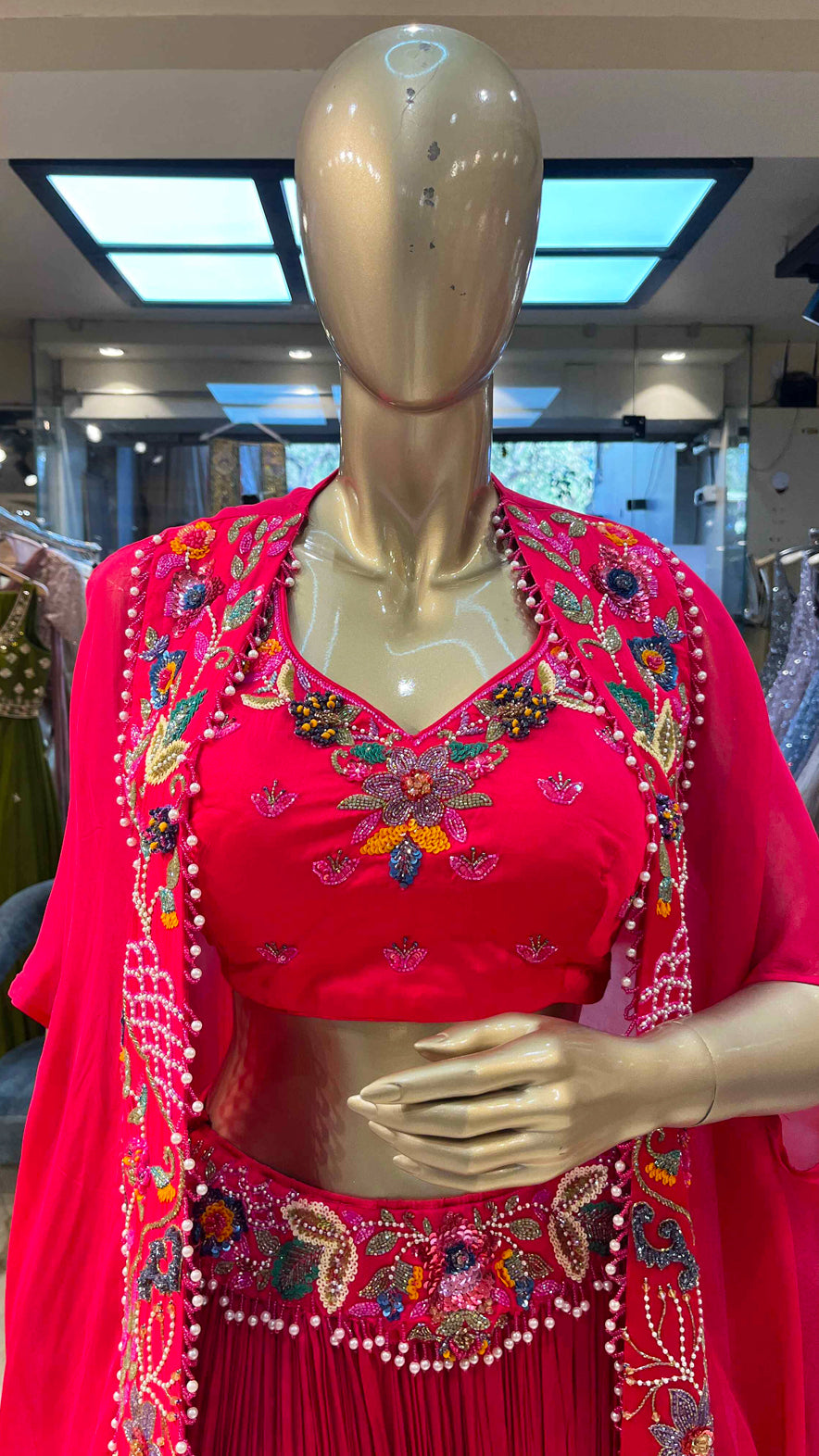 Crush Chinon crop top skirt with pearl & sequins work on shrug in fuchsia pink