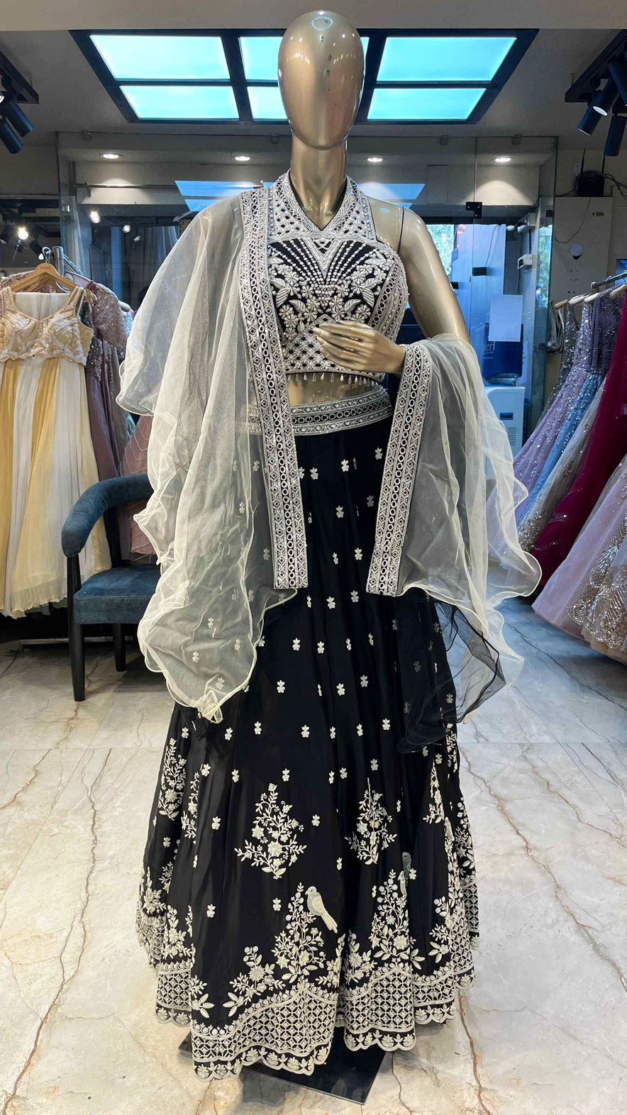 Black georgette lehenga choli with pearl & resham work