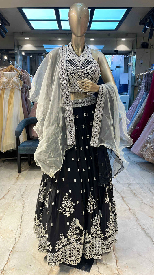 Black georgette lehenga choli with pearl & resham work