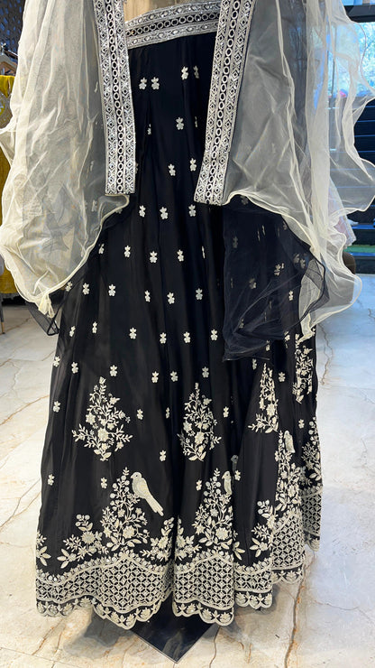 Black georgette lehenga choli with pearl & resham work