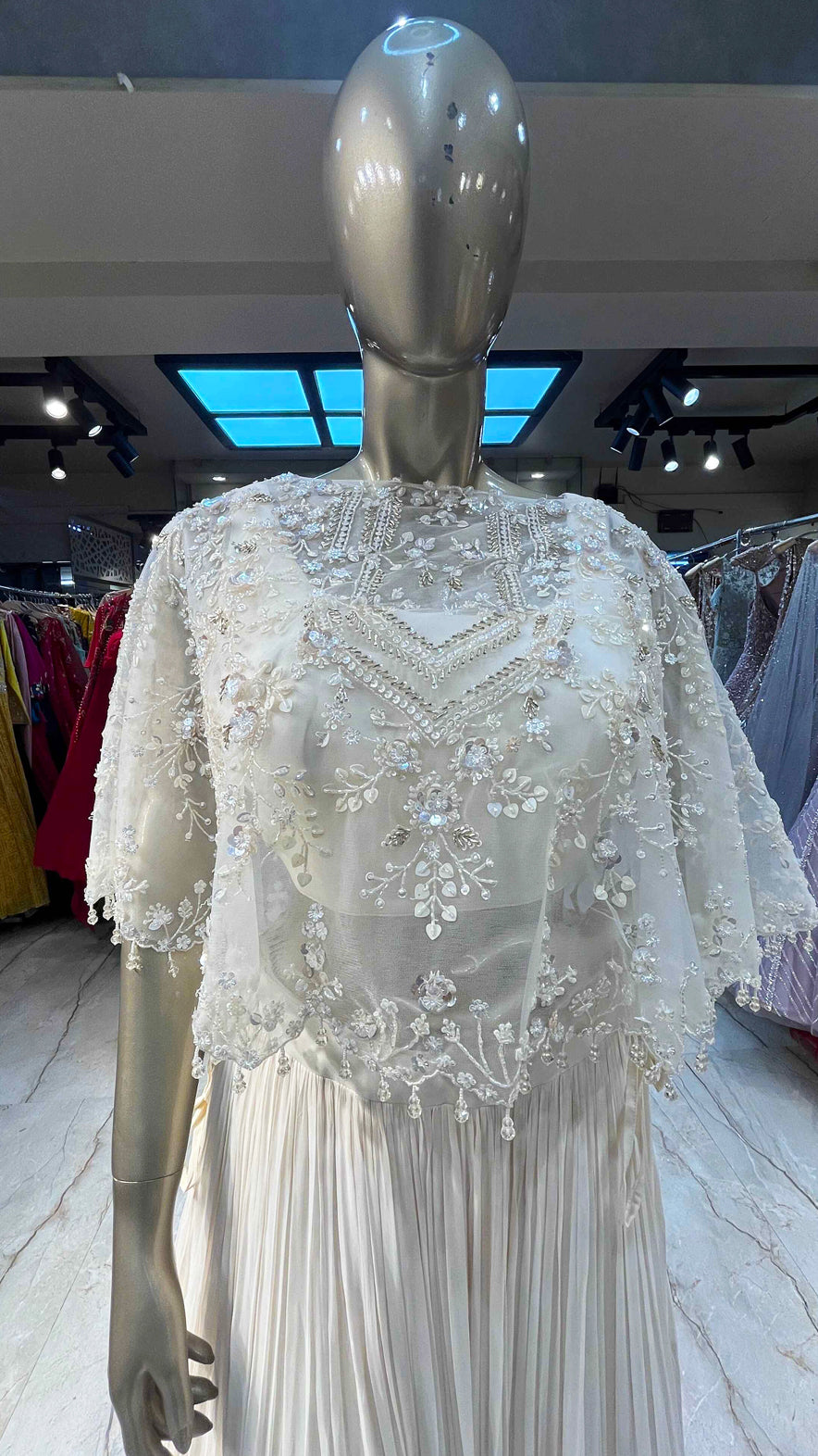 Ivory crush chinon crop top skirt with cut dana & sequins work on poncho