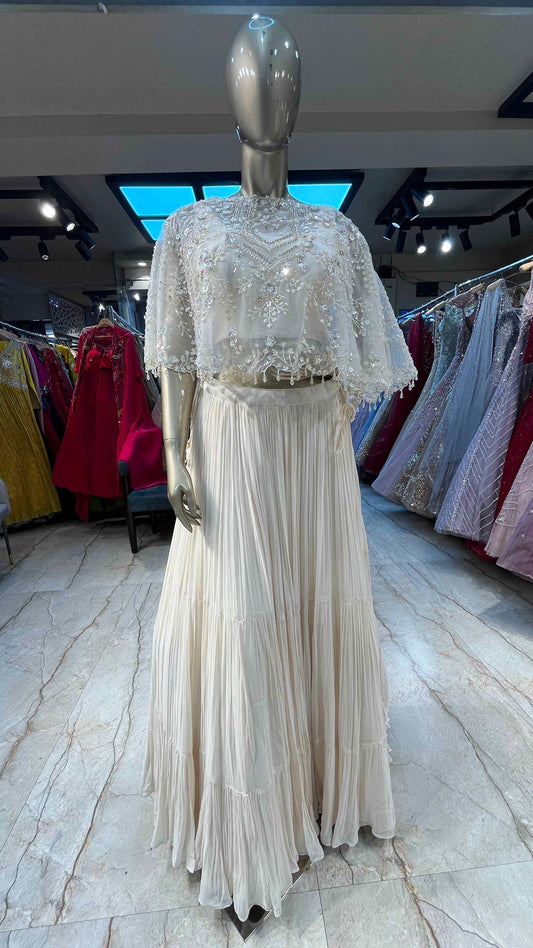 Ivory crush chinon crop top skirt with cut dana & sequins work on poncho
