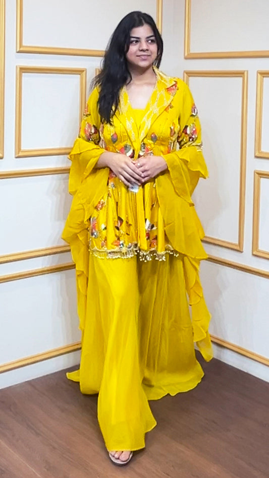 Mundhal silk peplum with sequins & cut dana work in bright yellow