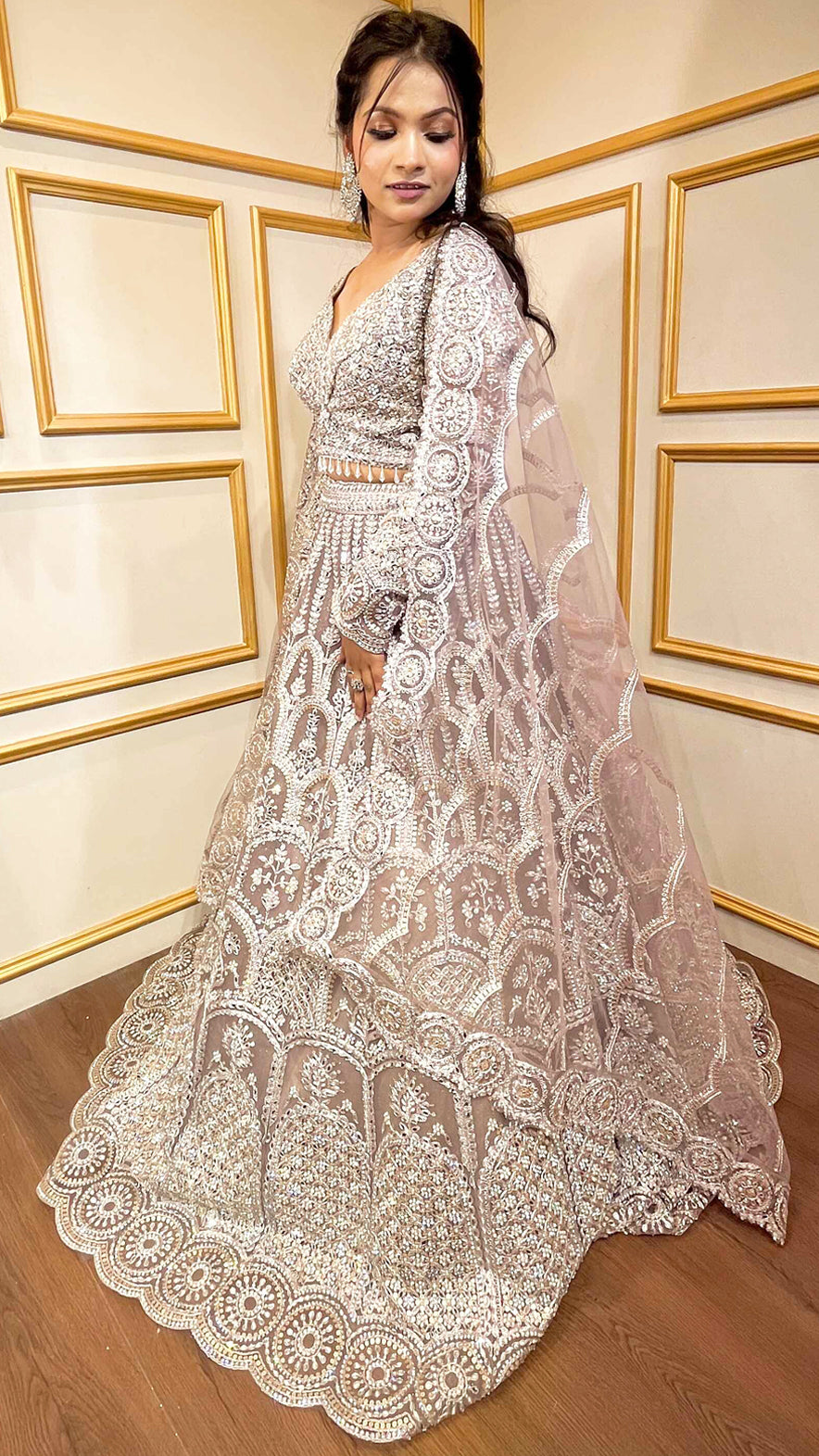 Dusty lavender lehenga in net with four side border dupatta special for bridesmaids