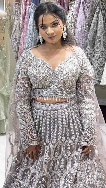 Dusty lavender lehenga in net with four side border dupatta special for bridesmaids
