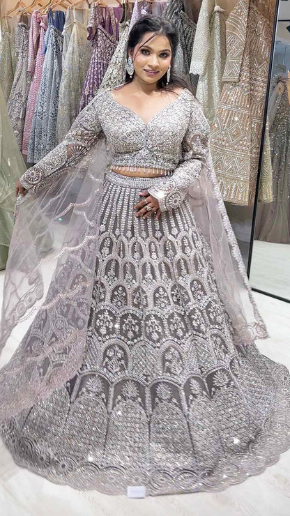 Dusty lavender lehenga in net with four side border dupatta special for bridesmaids