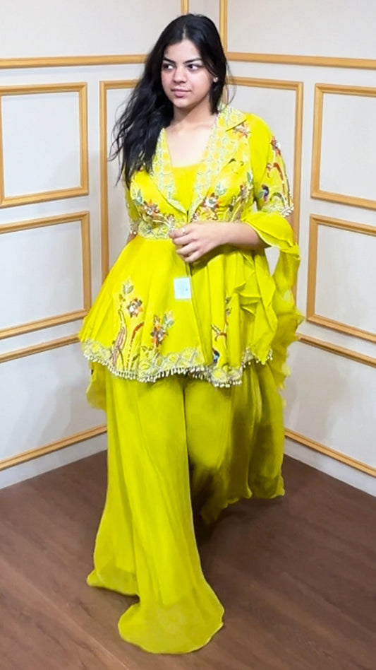 Mundhal silk peplum with pearl & cut dana work in lime green