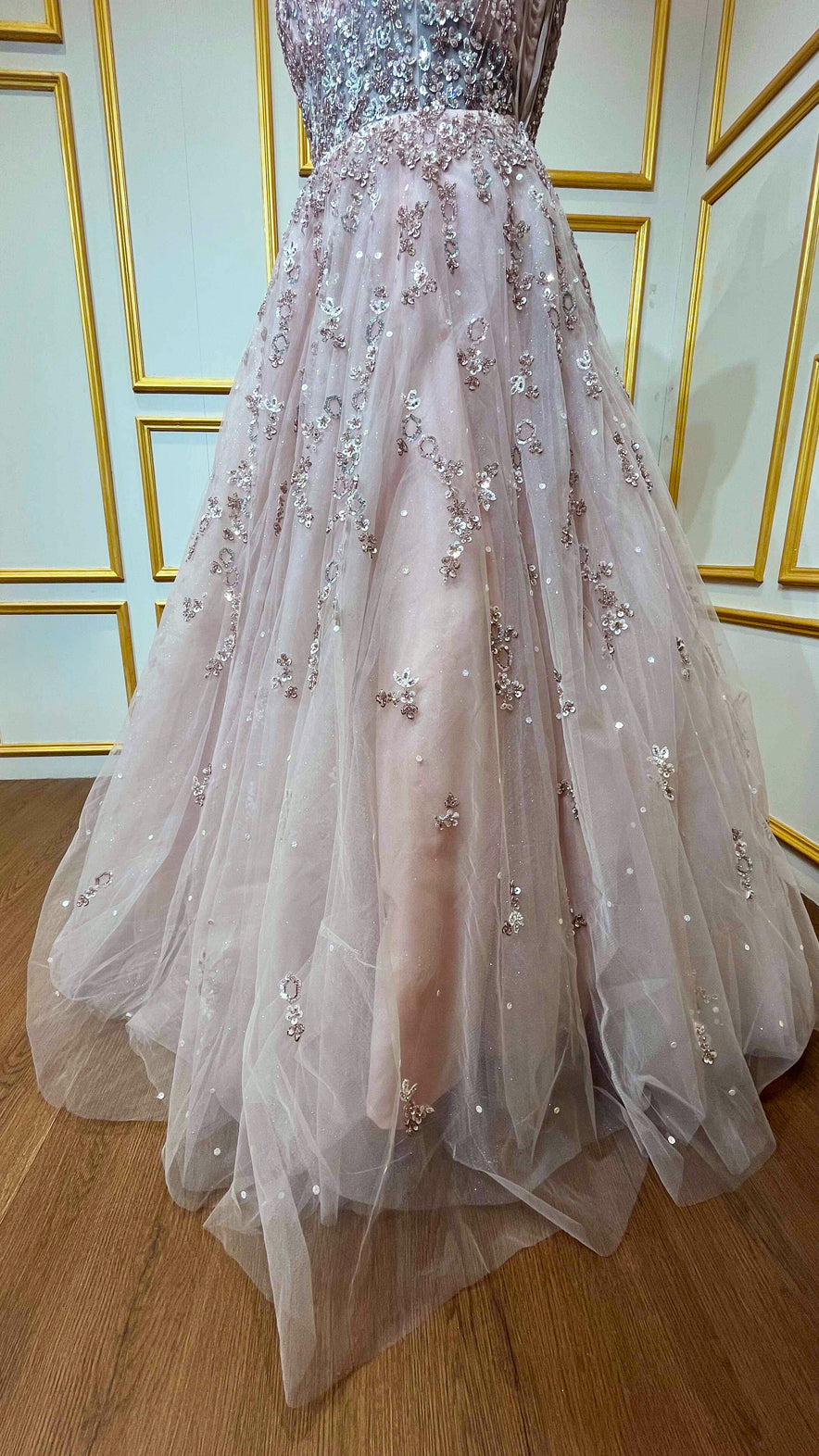 Blush pink gown with crystal & sequins work on net
