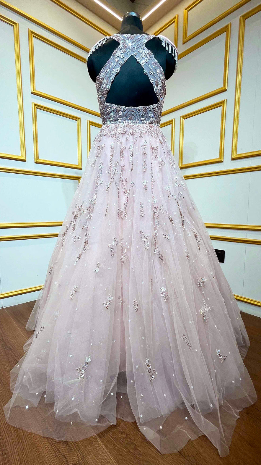 Blush pink gown with crystal & sequins work on net